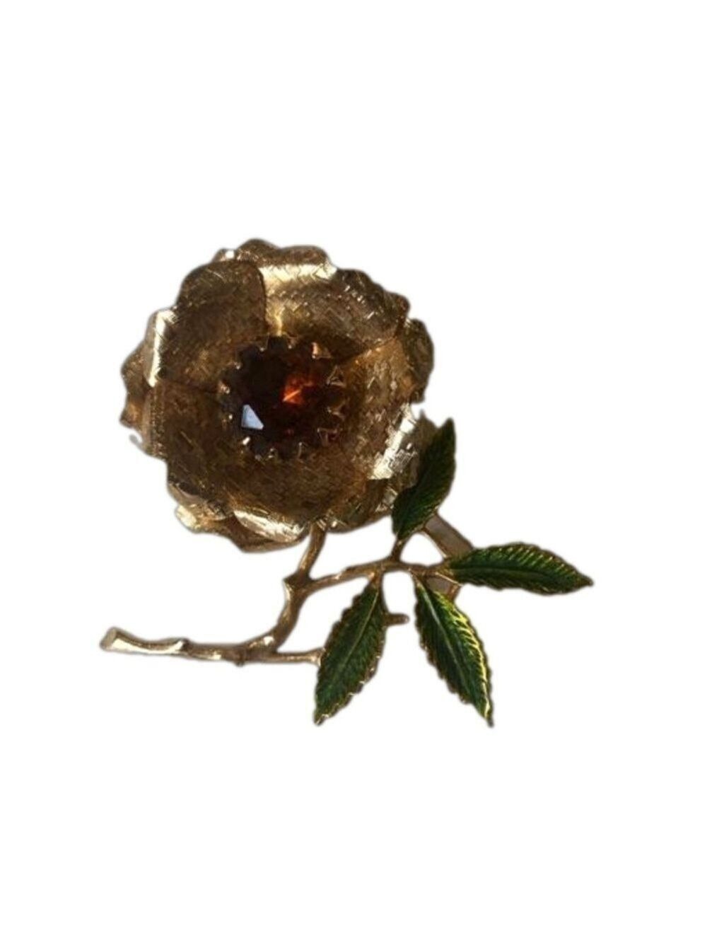 Sarah Coventry Vintage Ember Flower brooch. Amber rhinestone gold tone 1972